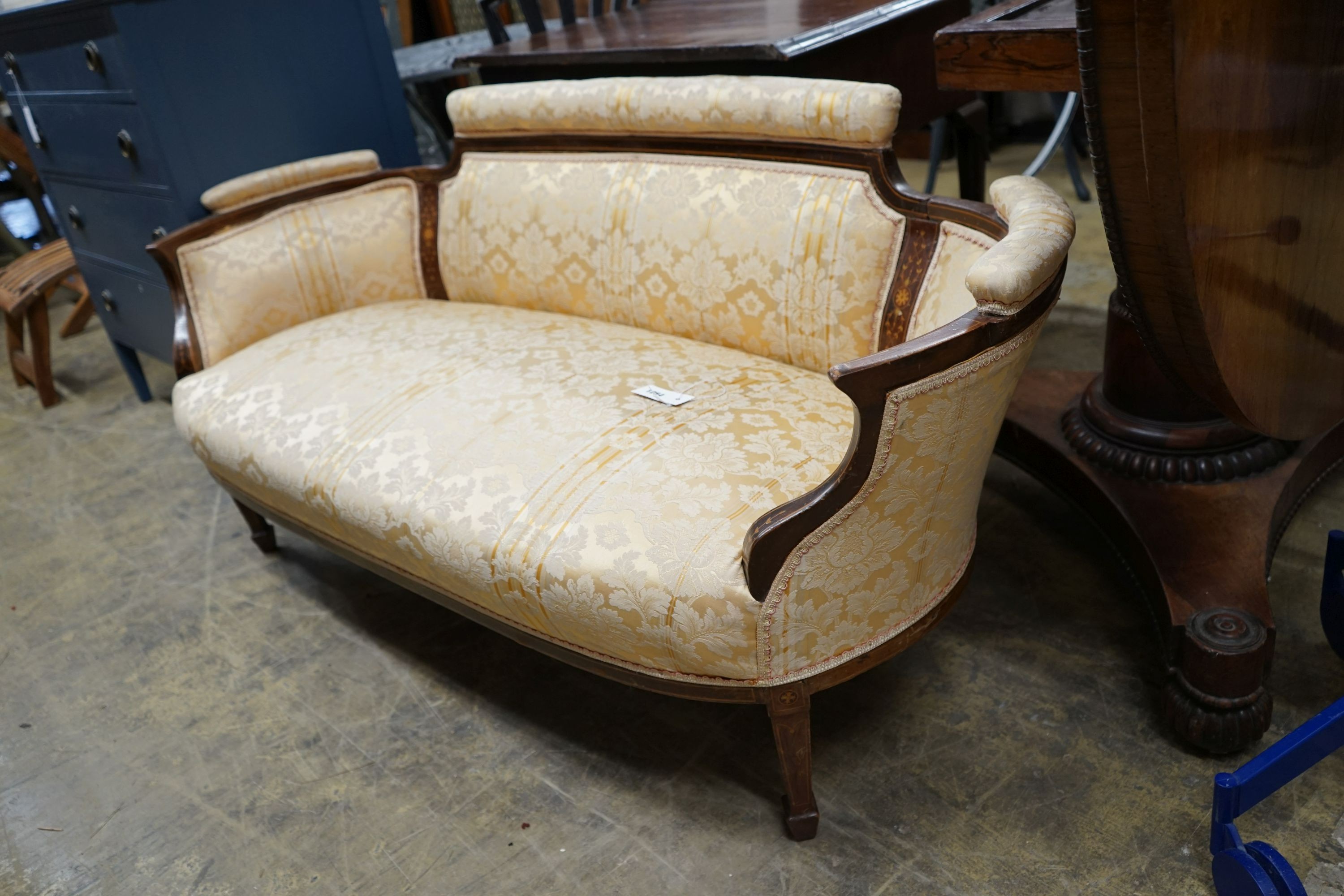An Edwardian inlaid tub framed settee, length 150cm, depth 60cm, height 66cm